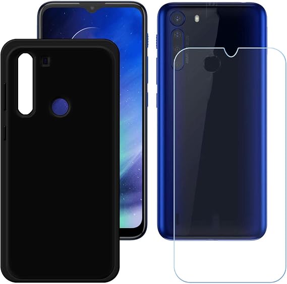 TTJ Black Cover for Motorola One Fusion + HD Tempered Glass, Silicone Shell TPU Bumper Protective Back Case - Scratch Screen Protector for Motorola One Fusion (6,5")