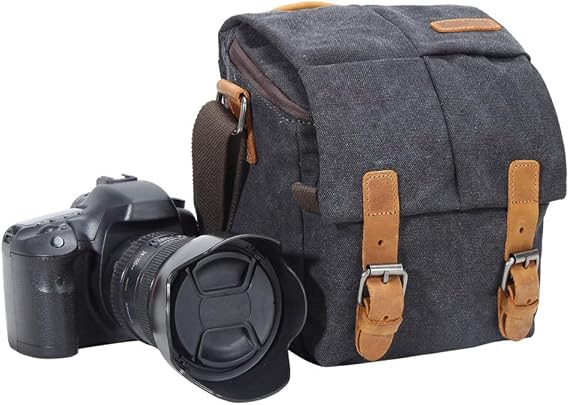 YUHAN Camera Bag, Vintage Canvas Camera Shoulder Bag Waterproof Leather Trim DSLR SLR Shockproof Camera Messenger Bag Black