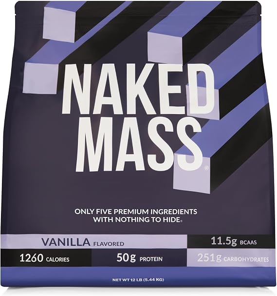 NAKED Vanilla Mass - All Natural Vanilla Weight Gainer Protein Powder - 12LB Bulk, NSF Certified, GMO Free, Gluten Free & Soy Free, No Artificial Ingredients - 1,260 Calories - 17 Servings