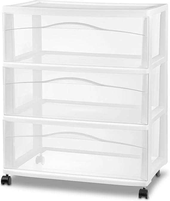 Sterilite Wide 3 Drawer Storage Cart Plastic Rolling Organizer, White Frame | Clear Multi-Purpose Drawer, Portable Organizing Container with Wheels for Bedrooms, Kitchens, Bathrooms, and Closets