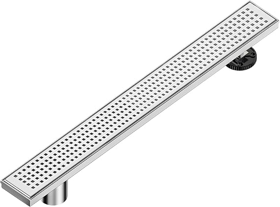 Neodrain 36-Inch Offset Side Outlet Linear Shower Drain with Quadrato Pattern Grate Cover, Brushed 304 Stainless Steel Rectangle Shower Floor Drain, with Leveling Foot, Hair Strainer Catcher | w/ Quadrato Pattern Grate Cover, 304 Stainless Steel Rectangle Shower Floor Drain, with Leveling Foot, Hair Strainer Catche