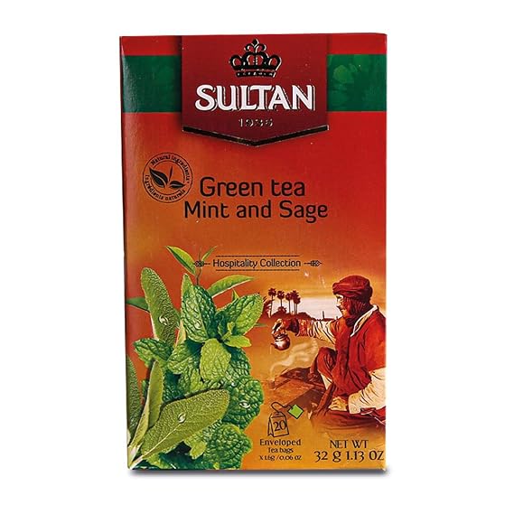 SULTAN TEA Moroccan Green Tea with Mint and Sage Herbal Green Teas (Single Pack - 20 Tea Bags)