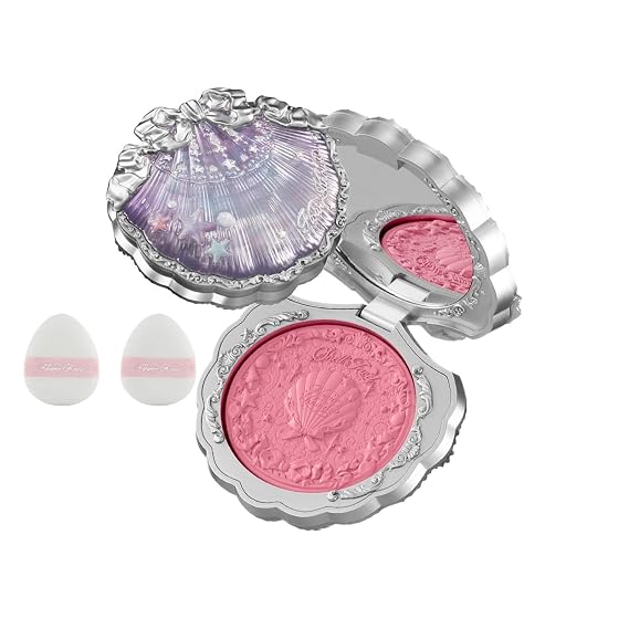 Flower Knows Shell's Jewel Silk Satin Blush 02 & Powder Puffs Set,Citrus Glow,Soft Pink Coral with Illuminating Shimmer,Vitamin E Hydrating Silky Powder Blush