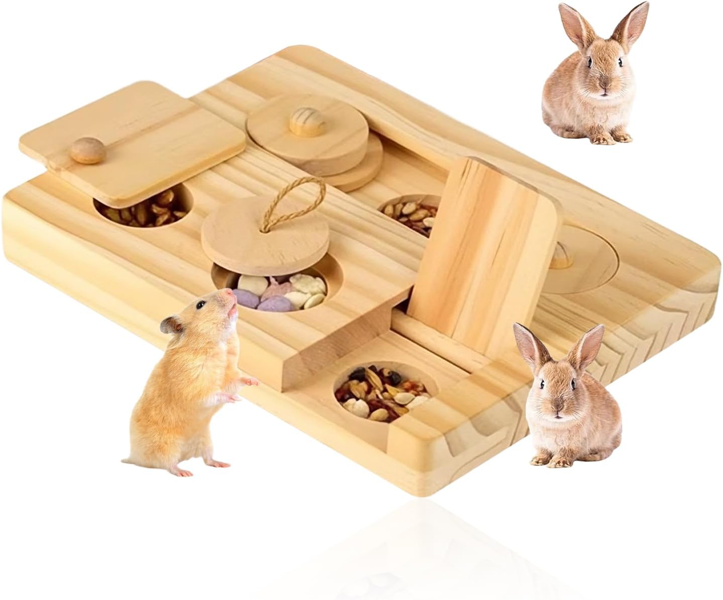 6 in 1 Guinea Pig Foraging Toys, Wooden Hamster Foraging Toy Interactive Rabbit Toys with Food Holes for Small Animals Hamsters Rabbits Guinea Pig