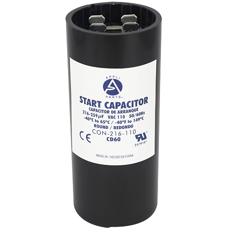 Appli Parts CON-216-110 Motor Start Capacitor 216-259 MFD uF, 110-125 VAC. Universal for Electric Motor Applications, 1.44 in Wide, 3.38 in Height
