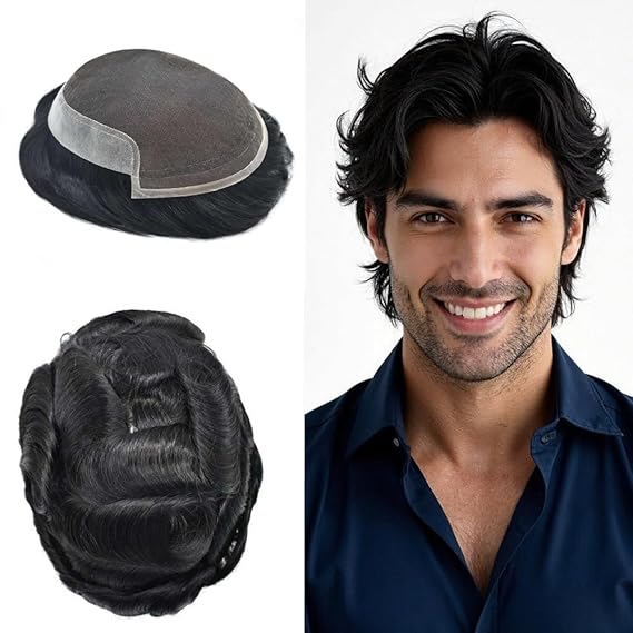 Mens Hair Systems Human Hairpieces Lace Toupee for Men Hair Replacement System Bleached Knot Hairpiece #1 Jet Black 6X8 100% Light to Medium Density