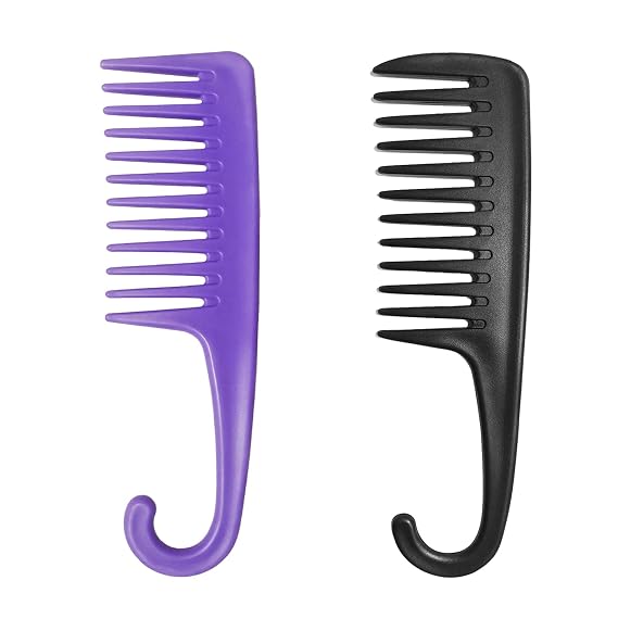 Wapodeai Wide Tooth Comb Shower Comb With Hook Set of 2, Black & Purple