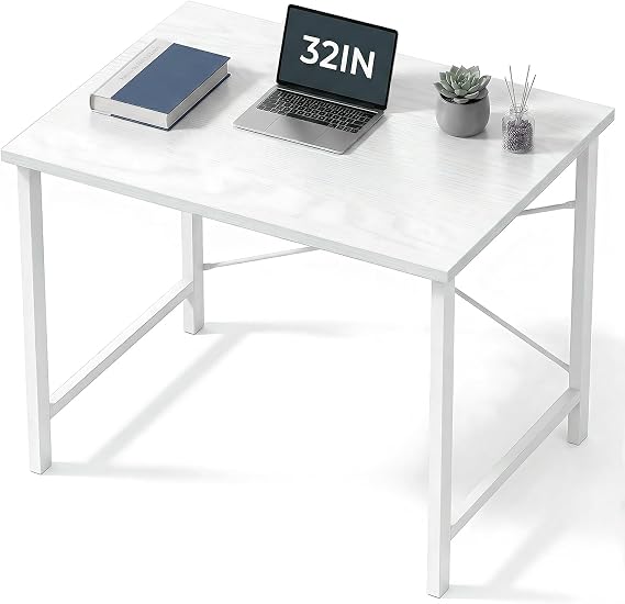 Sweetcrispy 32-Inch Small Computer Desk for Bedroom, Light White | Gaming Writing Work and Study Desk for Home Office, Sturdy Metal Frame and Compact Modern Design with X-Shaped