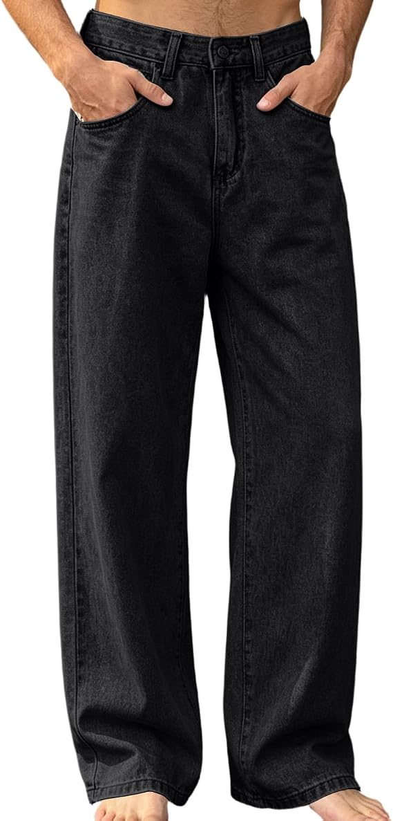 Men's Loose Fit Wide Leg Jeans Straight Cut Casual Denim Pants with Pockets