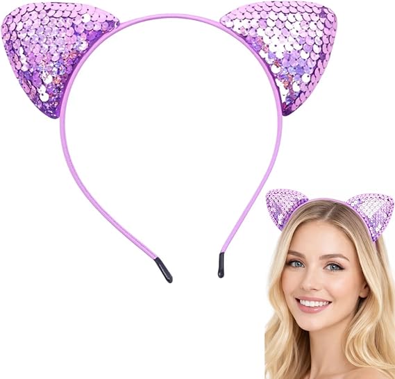 Purple Glitter Cat Ear Headband for Women, Cosplay Hair Accessory