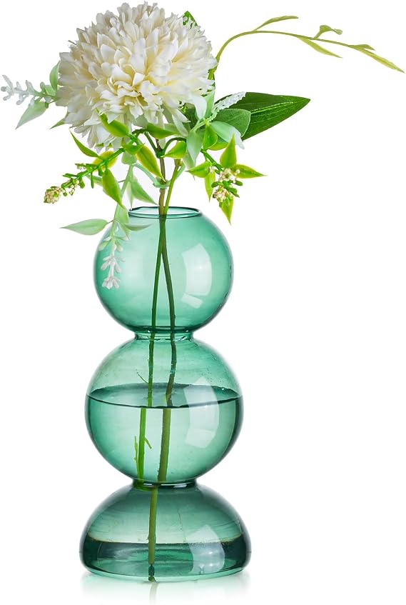 Glassseam Glass Vases for Flowers, Green Bud Vases for Decor, Cute Small Vase, Modern Aesthetic Vase, Unique Round Flower Vase, Decorative Bubble Vases for Centerpieces Wedding Table Decorations