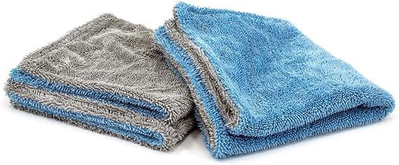 Autofiber Dreadnought Jr. Microfiber Towel, Superior Absorbency for Drying Cars, Trucks, and SUVs, Double-Twist Pile, One-Pass Vehicle-Drying Towel - Pack of 2, Blue/Gray (16 inch x 16 inch)