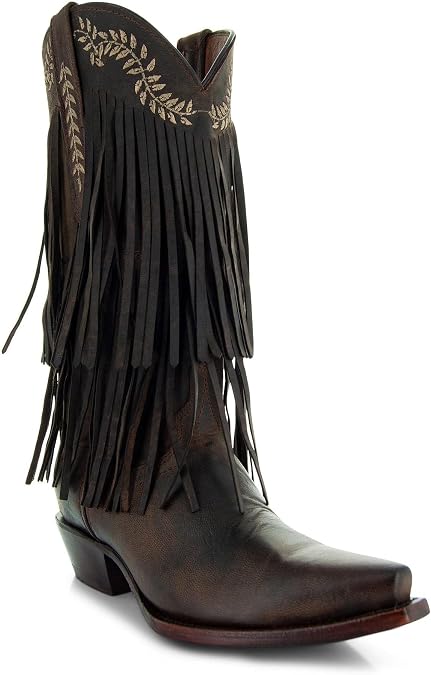 Soto Boots Santa Fe Women's Fringe Cowgirl Boots With Floral Embroidery, Genuine Leather Handcrafted Fashion Cowgirl Boots With Fringe M50035