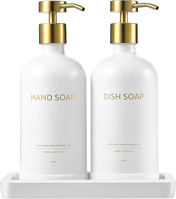 Soap Dispenser for Shampoo and Bubble Bath Glass Soap Dispenser for Kitchen Decoration for Bathroom and Kitchen - Capacity 500ml with Tray (White Bottle + Golden Head)
