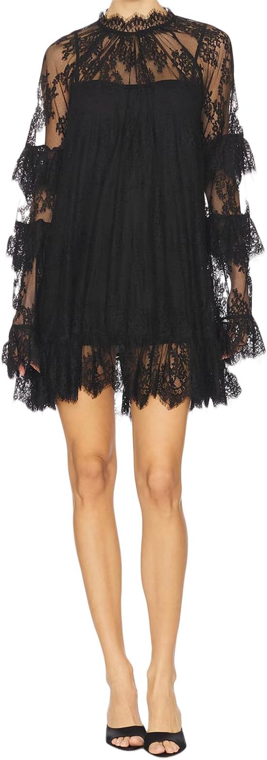 Women Lace Floral See Through Mini Dress Long Sleeve Crew Neck Sheer Short Dress Party Sexy Beach Cover Up