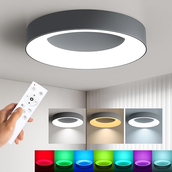 Matane 24W RGB LED Ceiling Light Dimmable with Remote Control Grey, 28CM [Energy Class F]