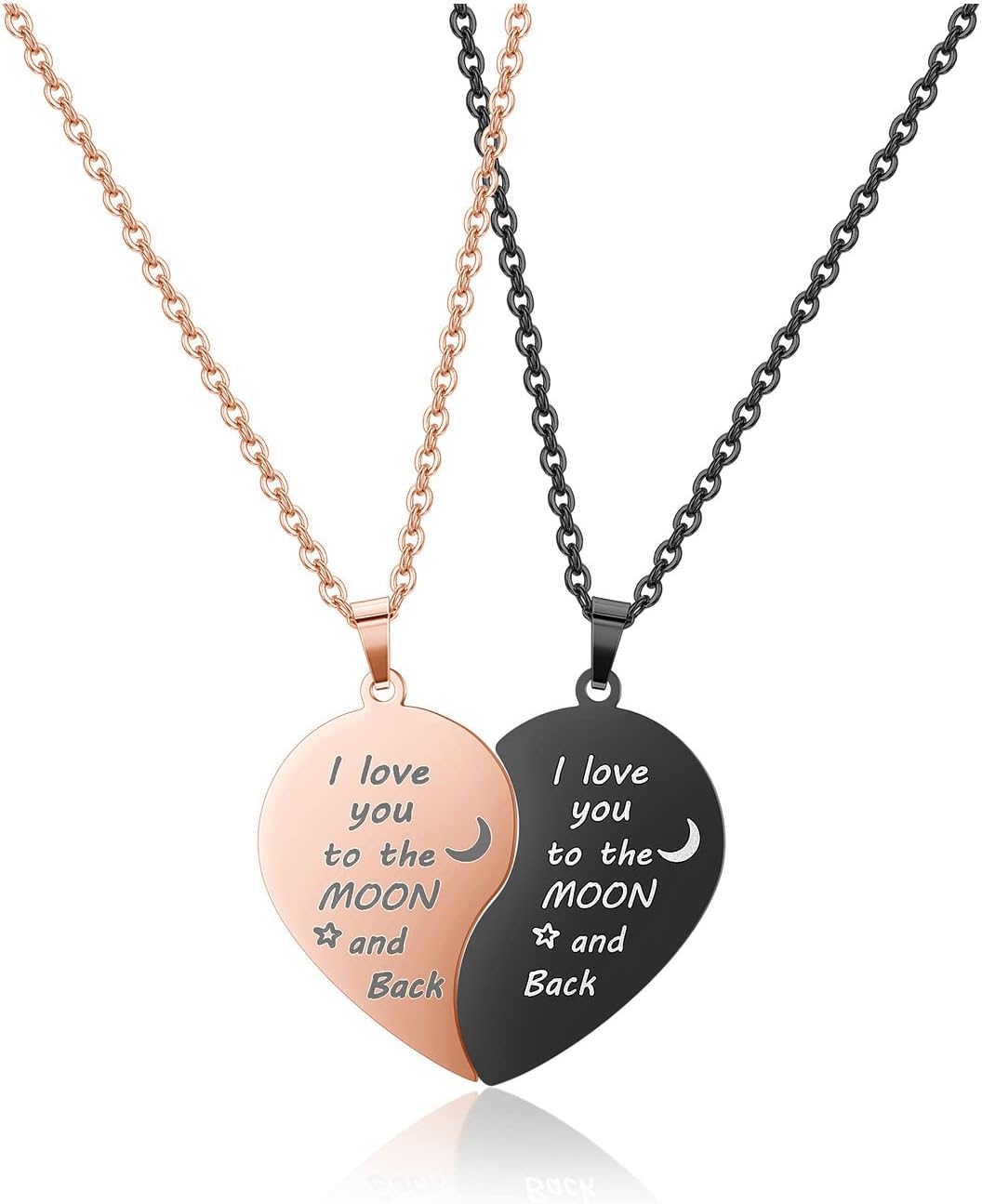 Heart Puzzle Matching Necklaces for Men Women Stainless Steel I Love You to The Moon and Back Yinyang Couples Necklace Pendant Gift for Boyfriend Girlfriend