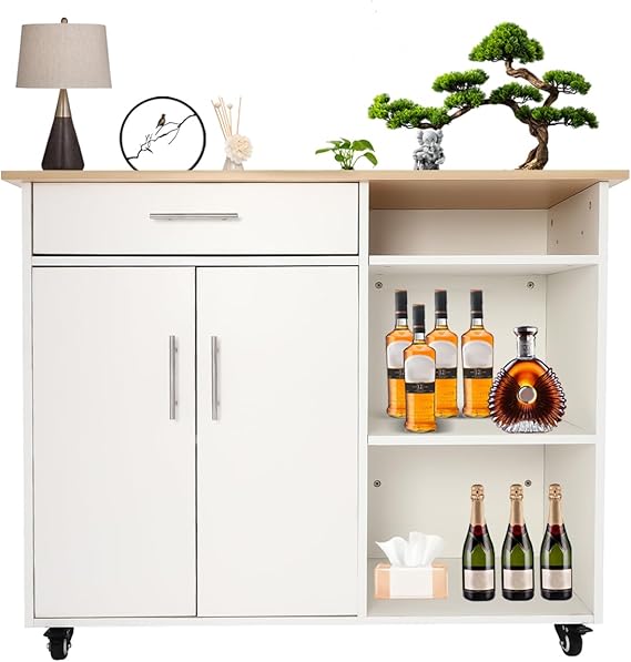 Kitchen Island Cart on Wheels, 42 Inch Rolling Kitchen Island Side Table 3 Open Compartments 2-Story Cabinet Coffee Station Cabinet Rolling Trolley Cart with Drawer, White