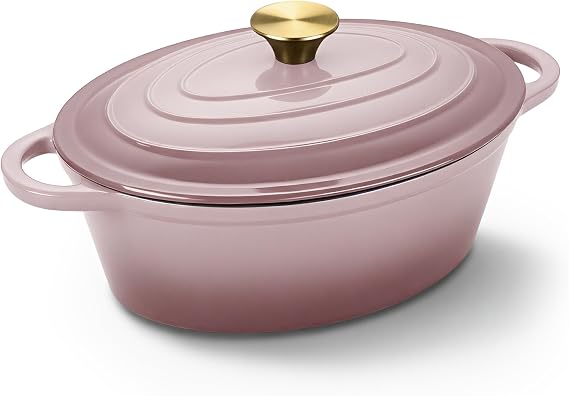 Oval Dutch Oven for Bread Baking, 4.5 Quart Non Stick Enameled Cast Iron Dutch Oven Pot with Lid, Oven Safe Oval Casserole with Lid up to 500F for Baking, Braising, Stews, Roasting, Pink