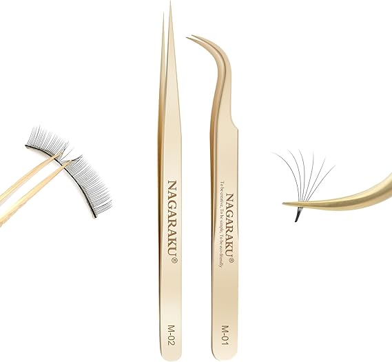 NAGARAKU Eyelash Extension Tweezers Precision Tip M-01 & M-02 2Pcs Set | Gold Stainless Steel Straight & Curved 1 Pair Lash Tool For Lash Isolation & Individual Volume Lash Pickup
