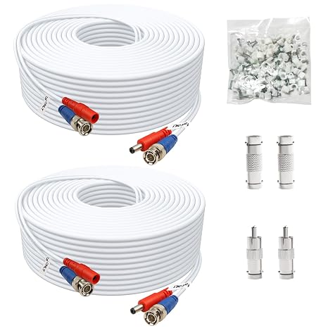 BNC Cable 100ft 2 Pack BNC Video Power Cable,Security Camera Cable for CCTV Camera DVR Security Systems(Included 4X BNC Adapters,1 Bag Cable Clips)-White