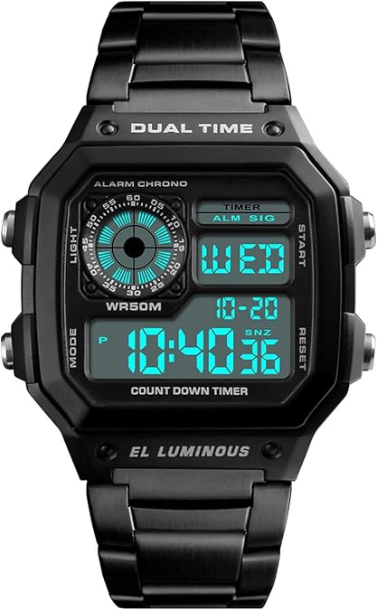 Watches for Men Fashion Trend Gold Multi-Function Waterproof Watch LED Digital Chronograph Stainless Steel Square Watches