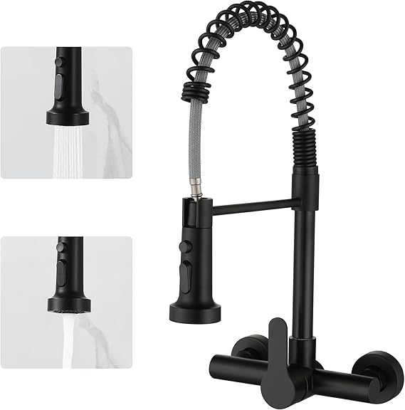 LIWEIKE Wall Mounted Kitchen Tap 360° Rotation Tap Black Kitchen with 2 Jet Types Tap Wall Mounted
