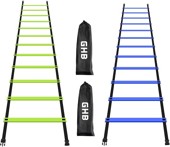 GHB Pro Agility Ladder 2 Pack Agility Training Ladder Speed 12 Rung 20ft with Carrying Bag (Green and Blue)