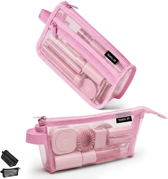 2-Pack Clear Mesh Pencil Case Pouch with Handle (Pink)