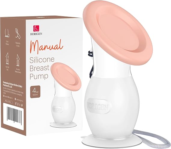 HORIGEN Manual Breast Pump for Breastmilk, 4 Ounce BPA-Free & Food Grade, Portable Leak-Proof Lid & Suction Base Silicone Wearable Hand Pump Collectors for Expressing Milk, Home, Work, Travel