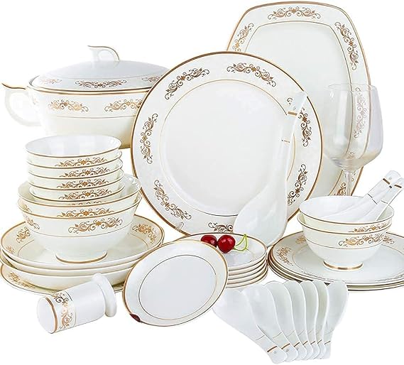 50-Piece Bone China Dinnerware Set, Kitchen White Porcelain Round Plates Dinnerware Bowls Chip Scratch for 10,