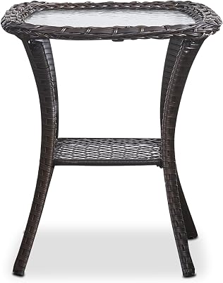 HUMMUH Patio Wicker Side Table Outdoor, Rattan End Table Glass Top Coffee Table with Storage Brown