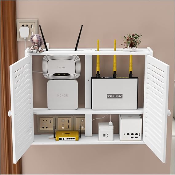WiFi Storage Box Wall Mount WiFi Router Set Top Cabinet Blinds Decoration Floating Shelves Power Strip And Cable Management Storage Shelf (Color : White, Size : 50x39x10cm)
