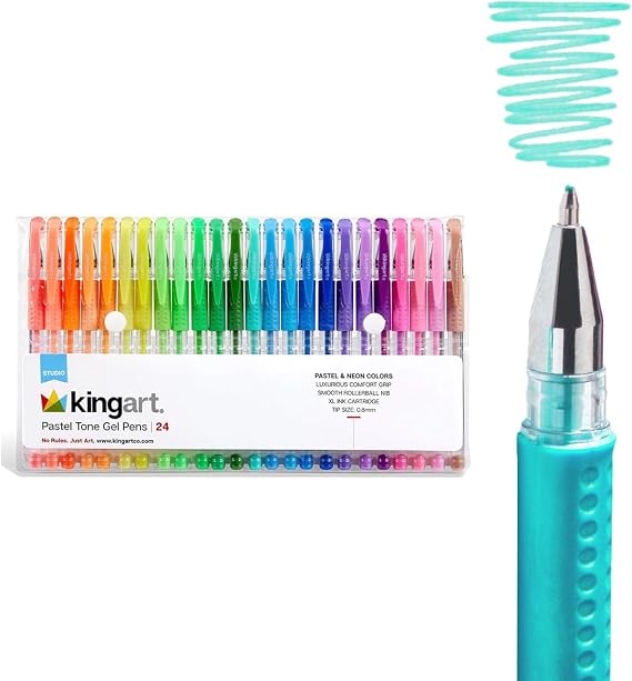 KINGART Gel Pens, Pastel Tone Colors, Non-Toxic, All Ages, Smooth Rollerball Tip, Luxurious Comfort Grip, 24 Count