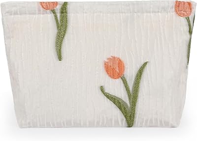 KESTAR Large Makeup Bag for Purse, Pink Tulip Floral Cosmetic Bag for Women Girls, Cute Flower Canvas Travel Toiletry Bag Organizer, Aesthetic Makeup Pouch Cosmetic Pouch with Zipper