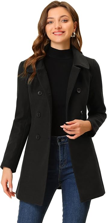 Allegra K Women's Peter Pan Collar Double Breasted Winter Trench Pea Coat