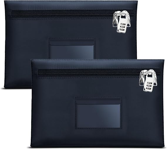 2Pcs Lockable bank bag large 12.2x8.2 Inches money bags with lock locking bank deposit bags with Dual zipper safe Lockable money bag Cash Bag (2, blue, Medium)