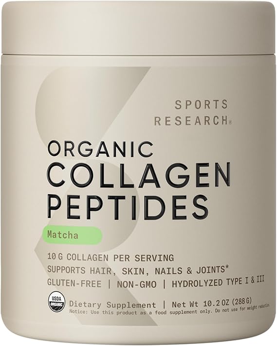 Sports Research, Collagen Peptides, Matcha, 10.2 Ounce | グラスフェッドコラーゲン10g&冠婚葬グレード日本抹茶2g|髪、肌&関節サポート|砂糖フリー、混ぜやすい