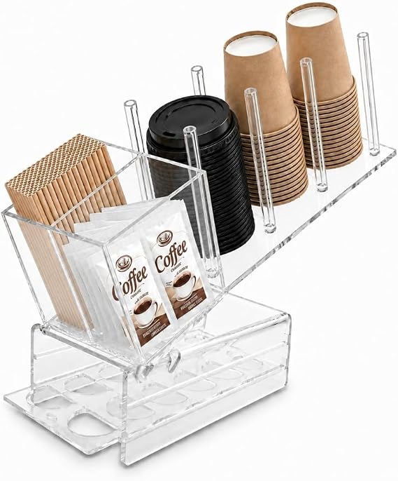 Acrylic Coffee Pod Holder Organizer for K-Cup and Vertuo Capsule | Storage Rack , Disposable Paper Cup and Lid Dispenser Stand with Straw Creamer Box for Coffee Shop, Office Breakroom