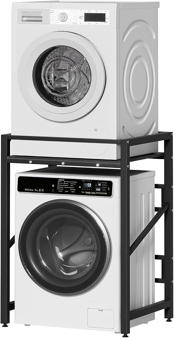 Washer Dryer Stand, Washing Machine Stacking Shelf Kits, Height Adjustable Over Washer Storage Rack Unit, Tumble Dryer Stand Washer Shelf for Bathroom, Load Capacity 250KG Black