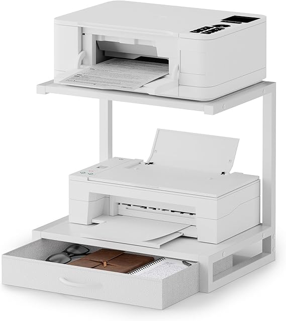 2-Tier Desktop Printer Stand with Fabric Drawer for Storage, White