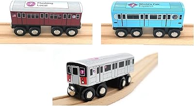 MUNI PALS Wooden Subway Train MTA NYC 7 Train Three 3 Car Set : The Bluebird, The Redbird and Current 7 Line Car