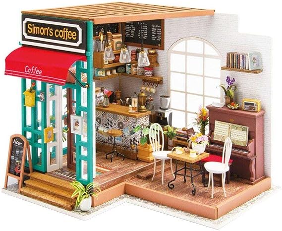 Robotime 3D DIY House Kit Cafe House with LED Light Model Making Miniature Woodcraft Dollhouse Puzzle Challenge Gift Set (Simon's Cafe)