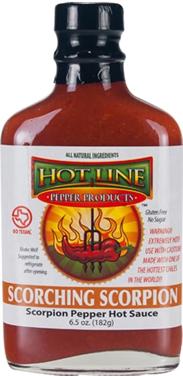 Hot Line Pepper Products Scorching Scorpion Hot Sauce | 100% Trinidad Moruga Scorpion Pepper | No Extract Extreme Hot Sauce | All Natural Gluten Free Keto | Texas Craft | 6.5 oz