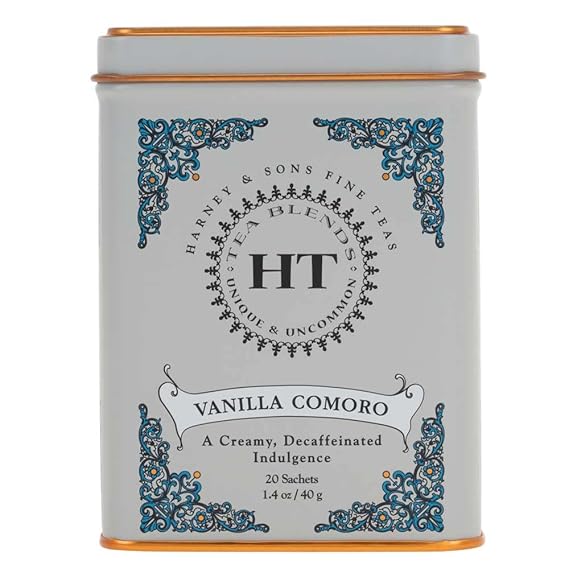 Harney & Sons HT Vanilla Comoro Decaf Black Tea, 20 Sachets in Tin | Decaffeinated black tea, creamy vanilla flavor, smooth finish