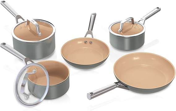Ninja Extended Life 5-Piece Ceramic Cookware Set (20 & 24cm Frying Pans + 16, 18 & 20cm Saucepans & Lids), Non-Stick (No PFAs, PFOAs, Lead or Cadmium), Oven Safe 285C, Terracotta/Grey, CW95000EUUKDB