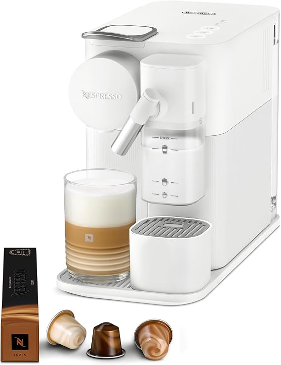 Nespresso Original Lattissima One Coffee Pod Machine White by De'Longhi | Integrated milk frother for latte, cappuccino, flat white, for Original coffee pods. Includes 7 pod discovery box, EN510.W