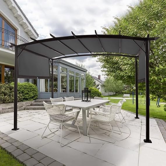 12 x 9 ft Outdoor Pergola, Arched Top Metal Pergola, Retractable Pergolas with Sun Shade Canopy, Large Patio Shelter Pavilion, for Deck Backyard Porch Poolside
