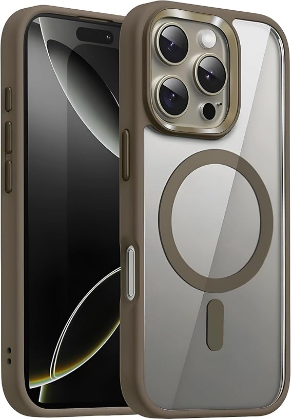 Case Back Crystal Clear Glass Appearance Edges Shock Absorbing Silicone Hybrid Case Compatible with SUPER-CRYSTAL Magsafe for Minesque iPhone 16 Pro Max (Brown, 16 Pro Max)