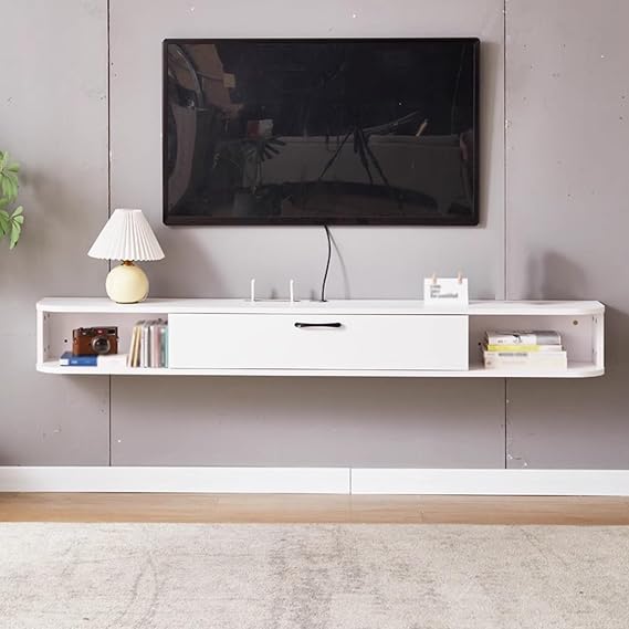 Wall-mounted TV Cabinet Floating TV Stand Floating Shelf With Door Entertainment Media Console Storage TV Bench(White,170x24x16.5cm)